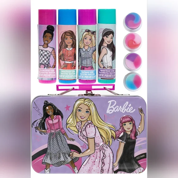 🎀NWT Barbie 5 Piece Set ~ 4 Lip Balms & Collectable Mini Lunch Box/Tin Case - Picture 4 of 5